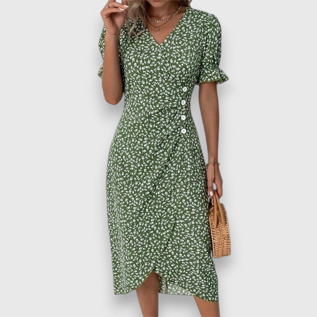 Evangeline | Floral Midi Dress with Ruffle Sleeves