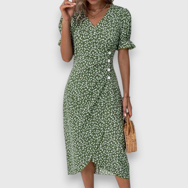 Evangeline | Floral Midi Dress with Ruffle Sleeves