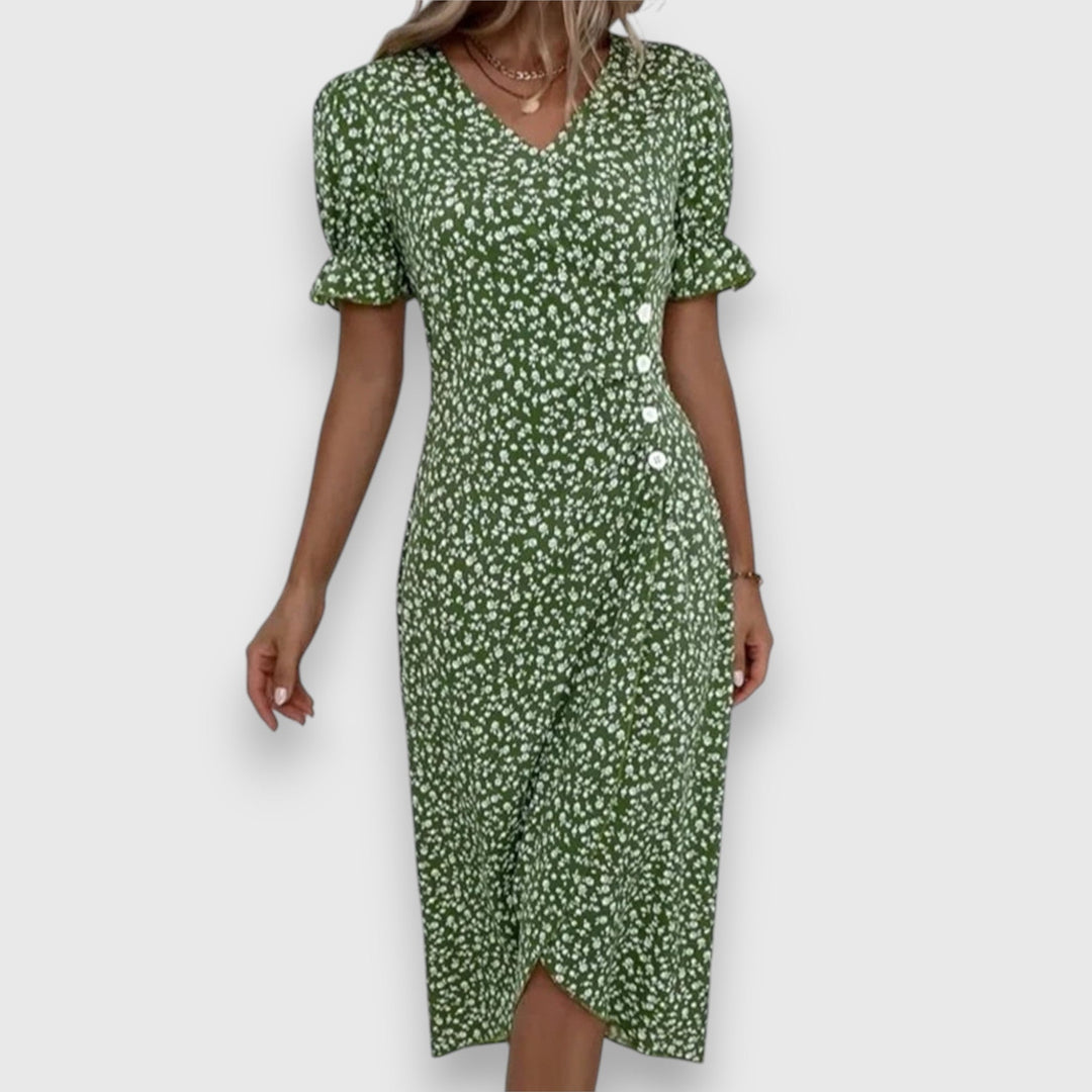 Evangeline | Floral Midi Dress with Ruffle Sleeves