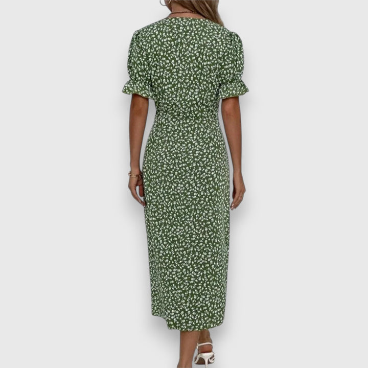 Evangeline | Floral Midi Dress with Ruffle Sleeves