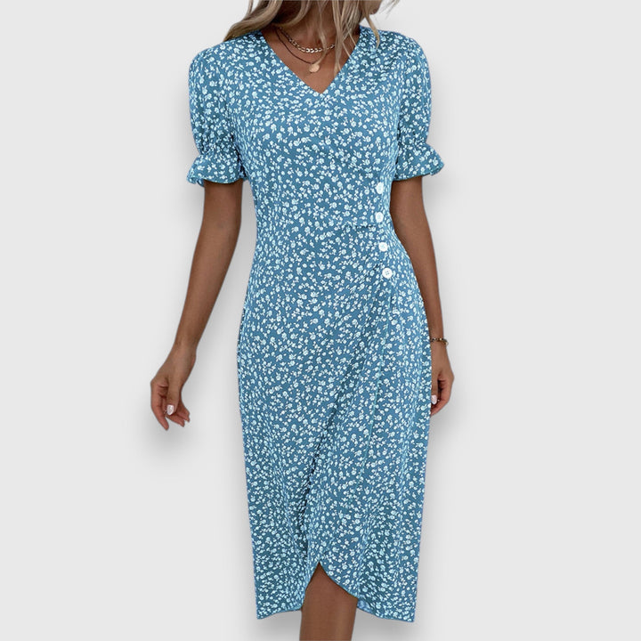 Evangeline | Floral Midi Dress with Ruffle Sleeves