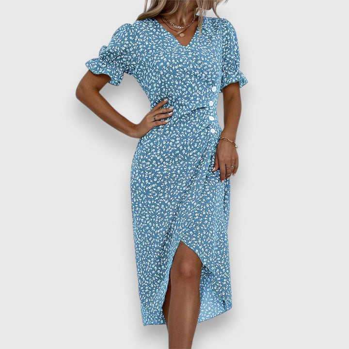 Evangeline | Floral Midi Dress with Ruffle Sleeves