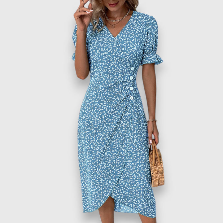 Evangeline | Floral Midi Dress with Ruffle Sleeves