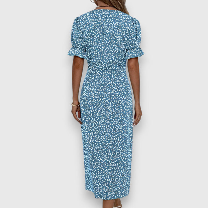 Evangeline | Floral Midi Dress with Ruffle Sleeves