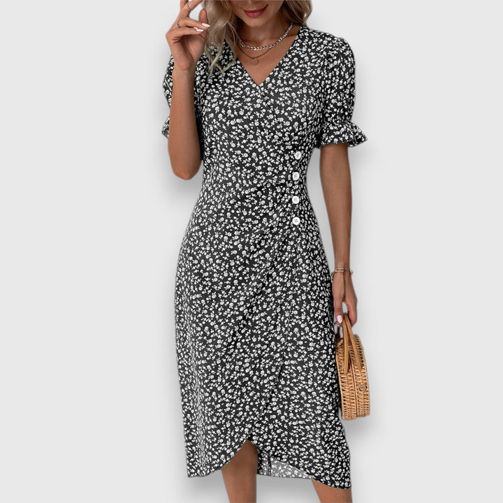 Evangeline | Floral Midi Dress with Ruffle Sleeves
