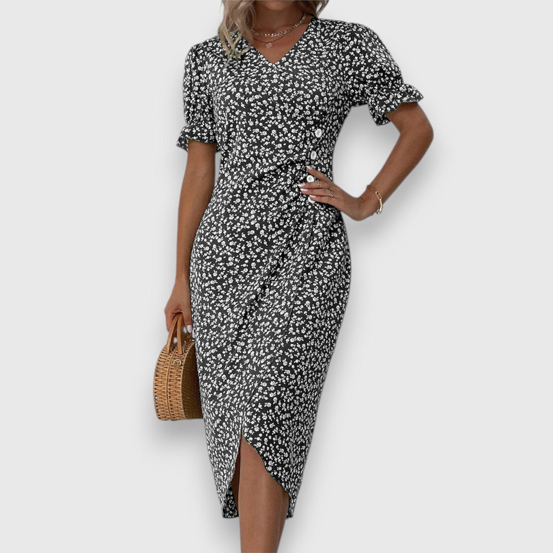 Evangeline | Floral Midi Dress with Ruffle Sleeves