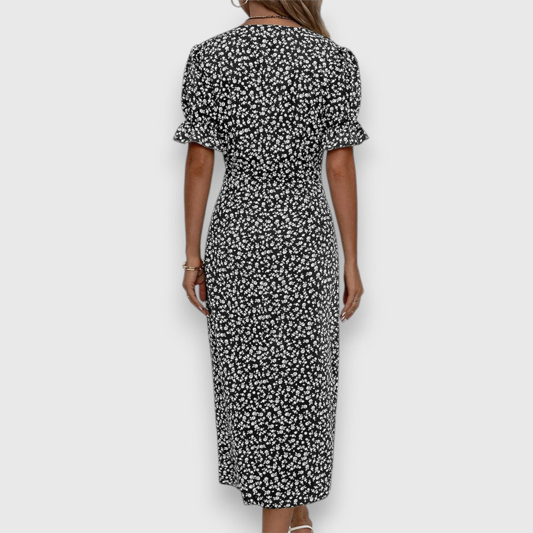 Evangeline | Floral Midi Dress with Ruffle Sleeves
