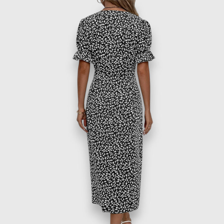 Evangeline | Floral Midi Dress with Ruffle Sleeves