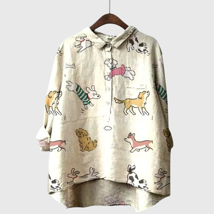 Ailsa | Dog Print Button-Up Blouse with Chest Pocket