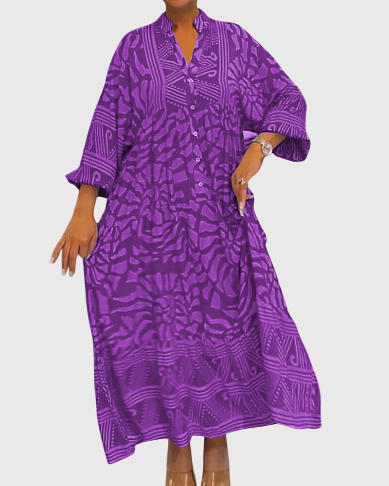 Cordeliaella | Printed V-Neck Maxi Dress with Sleeves