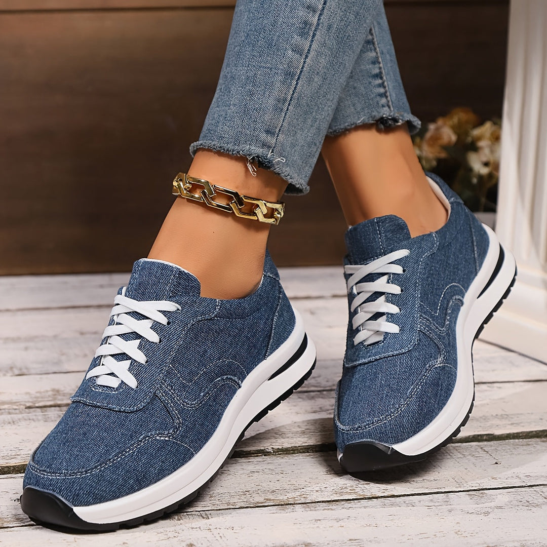 Eudora | Blue Denim Lace-Up Sneakers with Platform