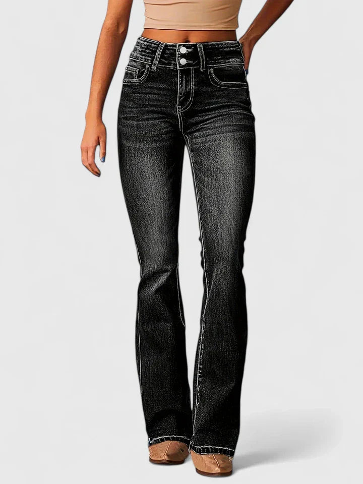 Edith | High Rise Flare Jeans with Button Detail