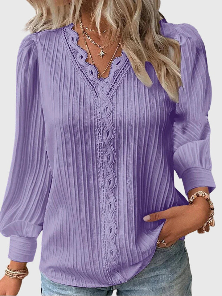 Vanya | Lace Trim V-Neck Blouse with Long Sleeves