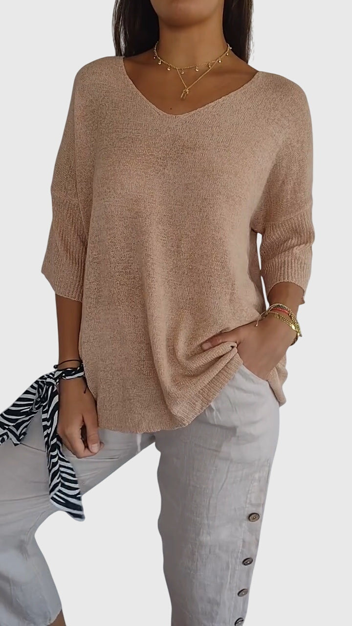 Gardenia | V-Neck Knit Tunic Top with 3/4 Sleeves