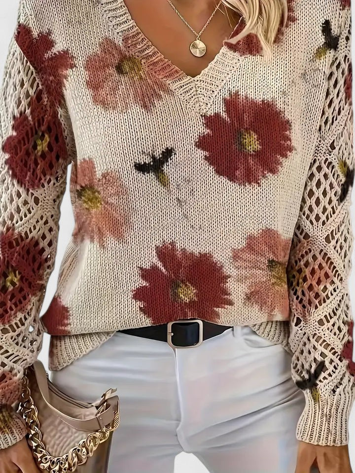 Maren | Floral V-Neck Sweater with Crochet Sleeves