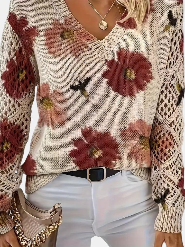 Latifa | Casual Floral V-Neck Crochet Sleeve Sweater