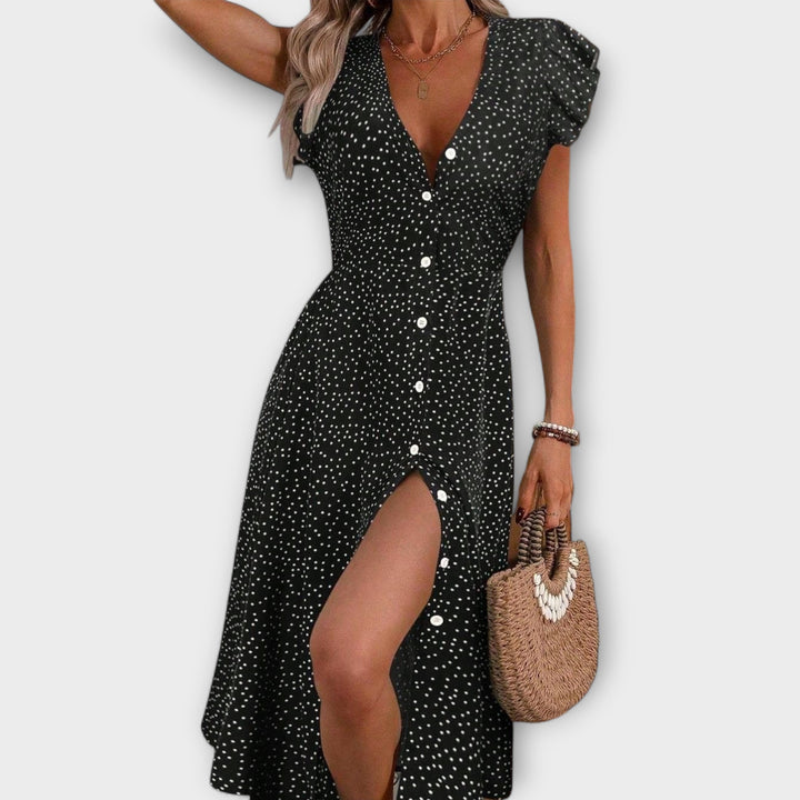 Mira | Polka Dot Midi Dress with Ruffle Sleeves