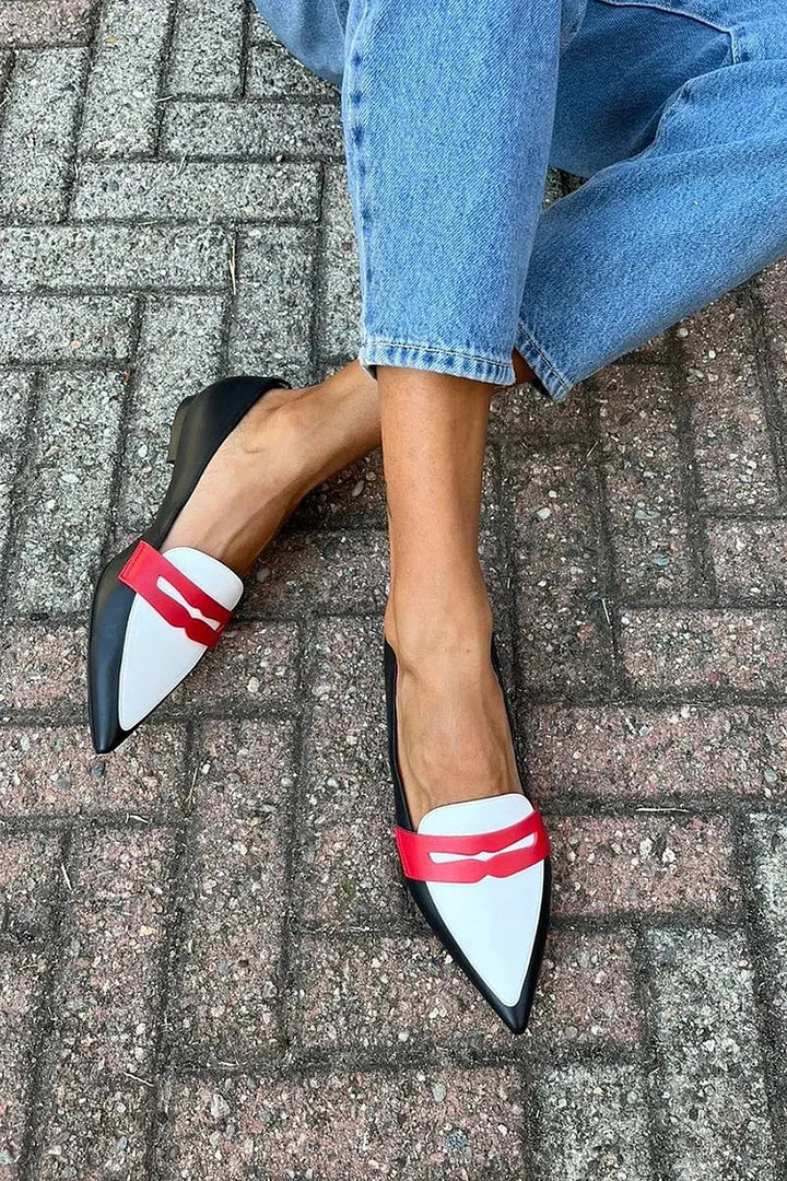 Kenya | Black Pointed Toe Flats with Red Accent