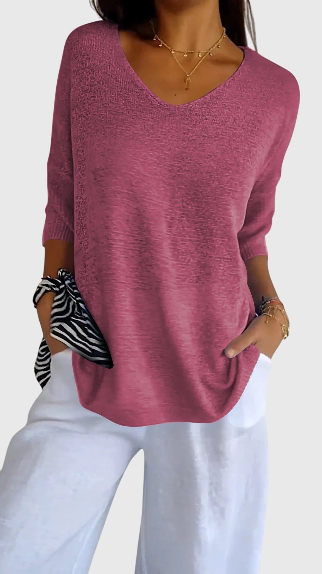 Gardenia | V-Neck Knit Tunic Top with 3/4 Sleeves