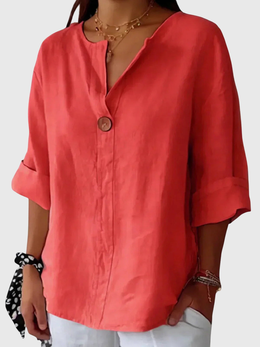 Olga | V-Neck Linen Blouse with Button Detail 3/4 Sleeves