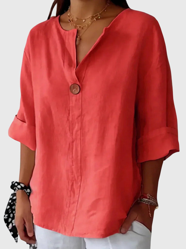Olga | V-Neck Linen Blouse with Button Detail 3/4 Sleeves