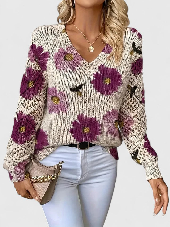 Maren | Floral V-Neck Sweater with Crochet Sleeves