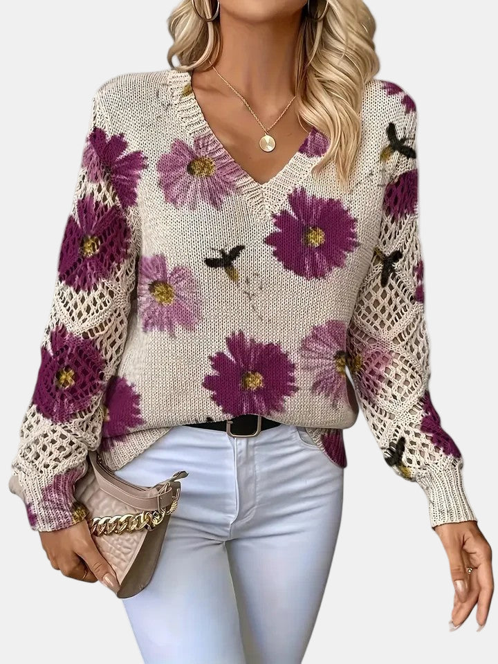 Latifa | Casual Floral V-Neck Crochet Sleeve Sweater