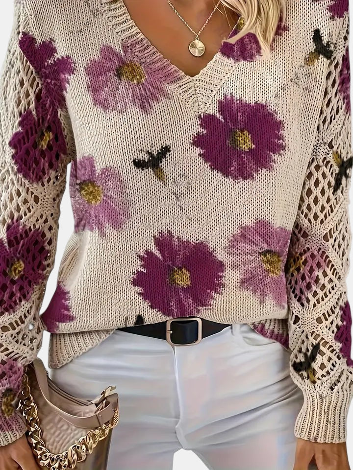 Latifa | Casual Floral V-Neck Crochet Sleeve Sweater