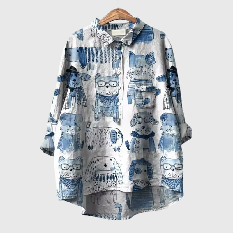 Ailsa | Dog Print Button-Up Blouse with Chest Pocket