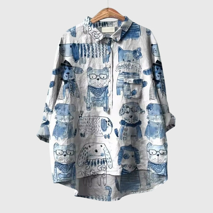 Ailsa | Dog Print Button-Up Blouse with Chest Pocket