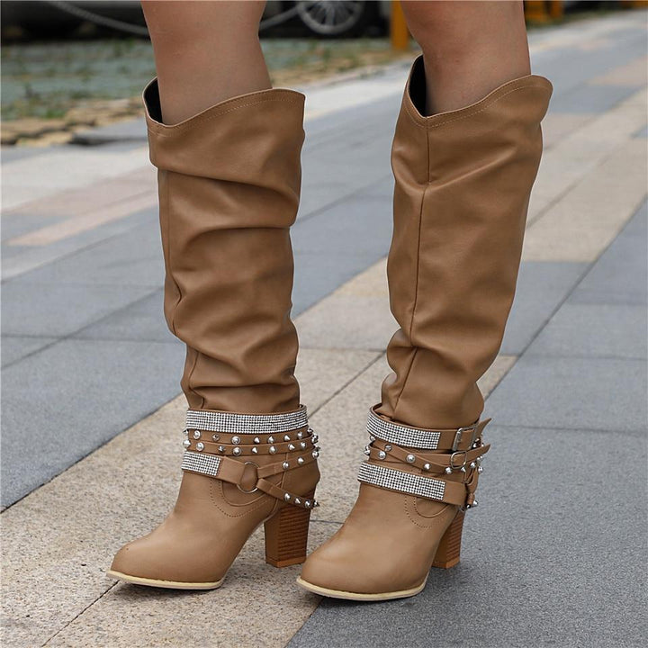 Pippa | Slouch Boots with Studded Strap Heel
