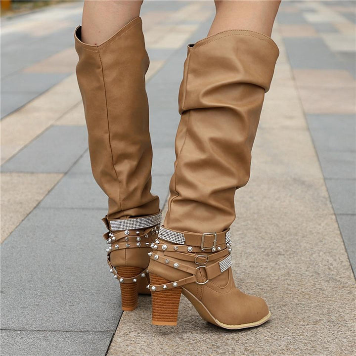Pippa | Slouch Boots with Studded Strap Heel