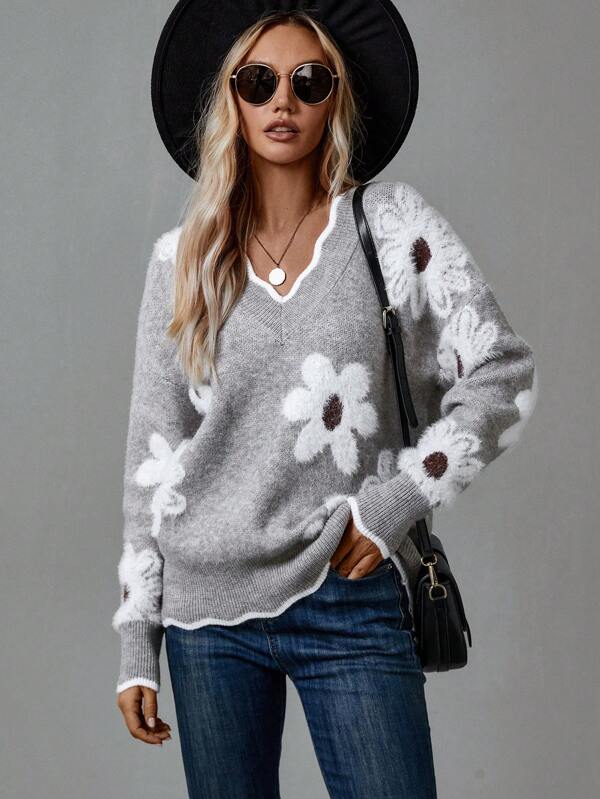 Zaira | Floral V-Neck Knit Sweater