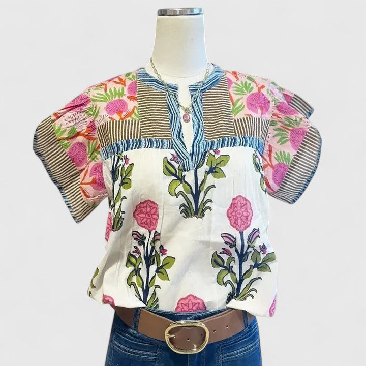 Aspen | White Floral Embroidered Blouse with Flutter Sleeves