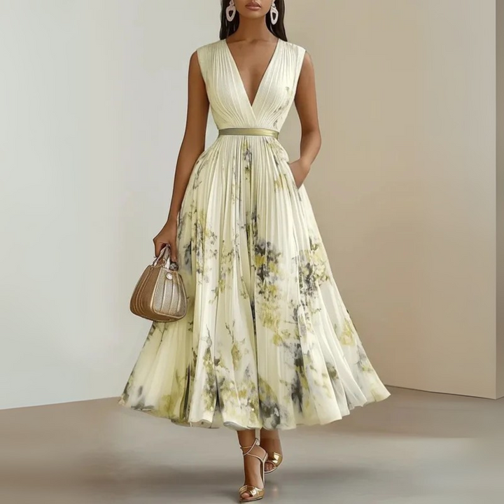 Bellamira | Floral Pleated Empire Waist Dress V-Neck