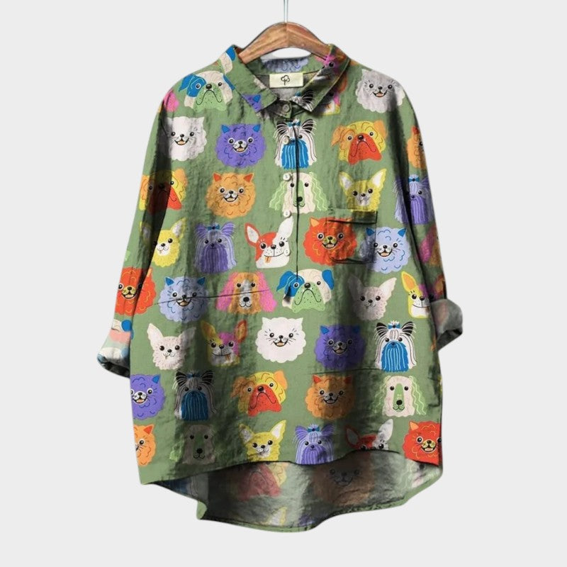Sheryl | Dog Print Button-Up Blouse Long Sleeve