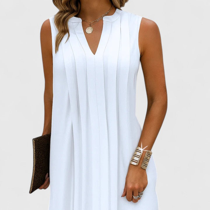 Mahala | Pleated V-Neck Sleeveless Shift Mini Dress