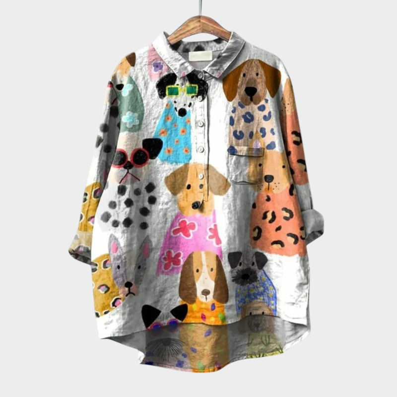 Sheryl | Dog Print Button-Up Blouse Long Sleeve