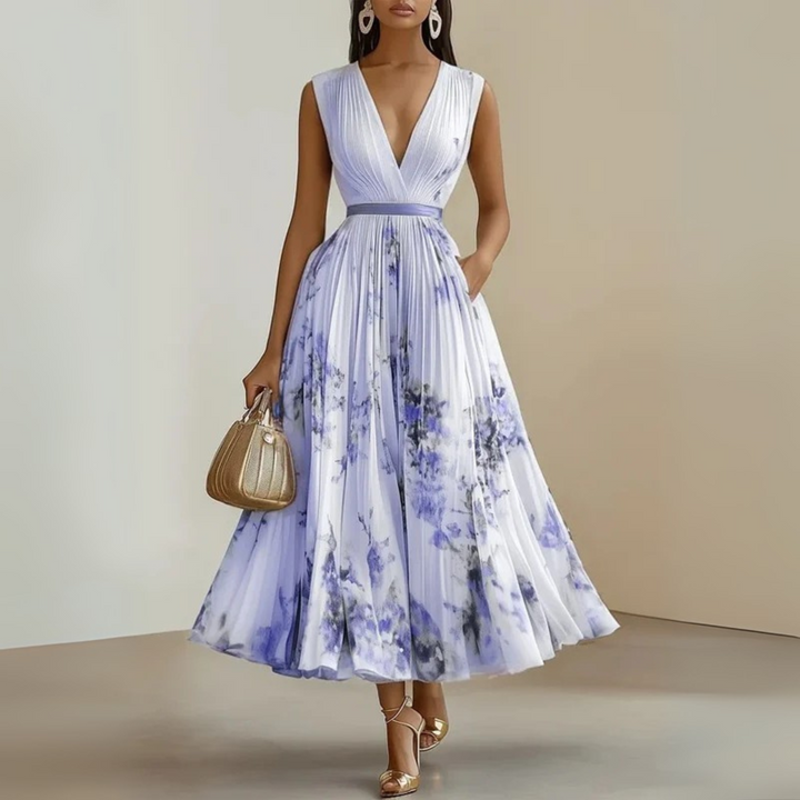 Bellamira | Floral Pleated Empire Waist Dress V-Neck