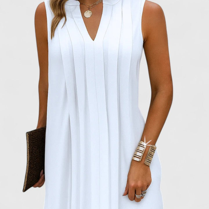 Mahala | Pleated V-Neck Sleeveless Shift Mini Dress