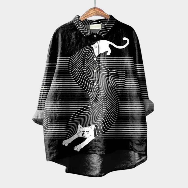 Sheryl | Dog Print Button-Up Blouse Long Sleeve