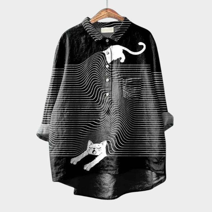 Sheryl | Dog Print Button-Up Blouse Long Sleeve