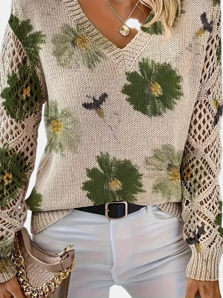 Latifa | Casual Floral V-Neck Crochet Sleeve Sweater