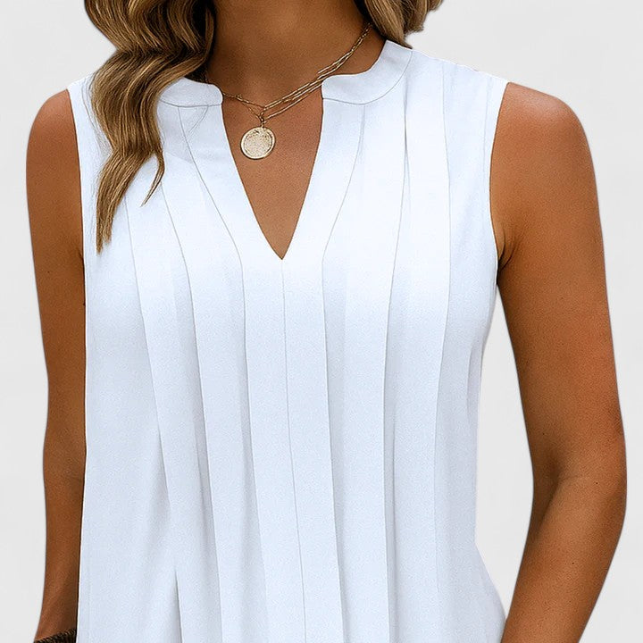 Mahala | Pleated V-Neck Sleeveless Shift Mini Dress