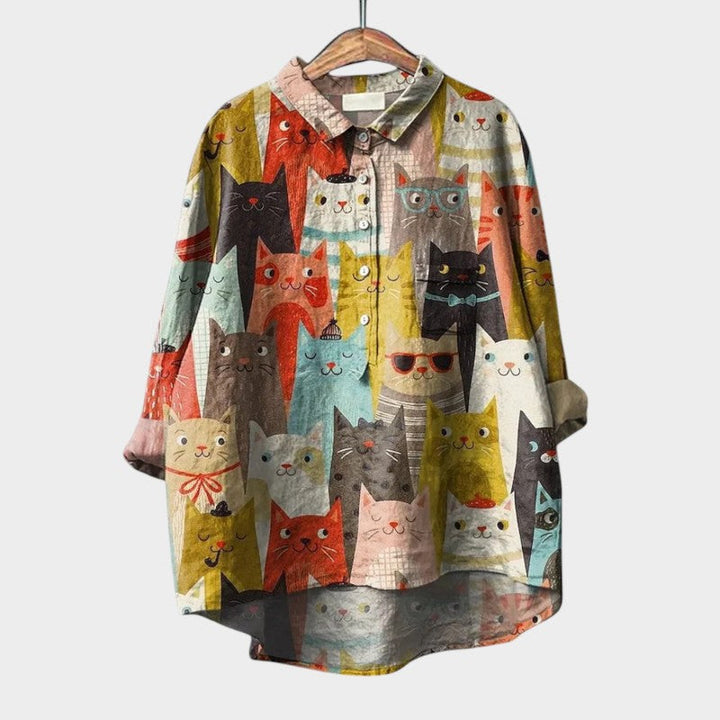 Sheryl | Dog Print Button-Up Blouse Long Sleeve
