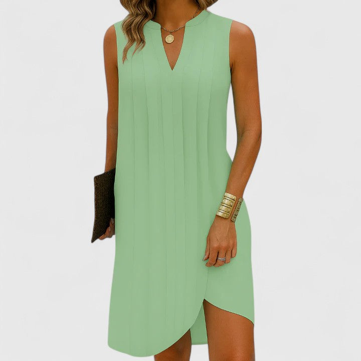 Mahala | Pleated V-Neck Sleeveless Shift Mini Dress