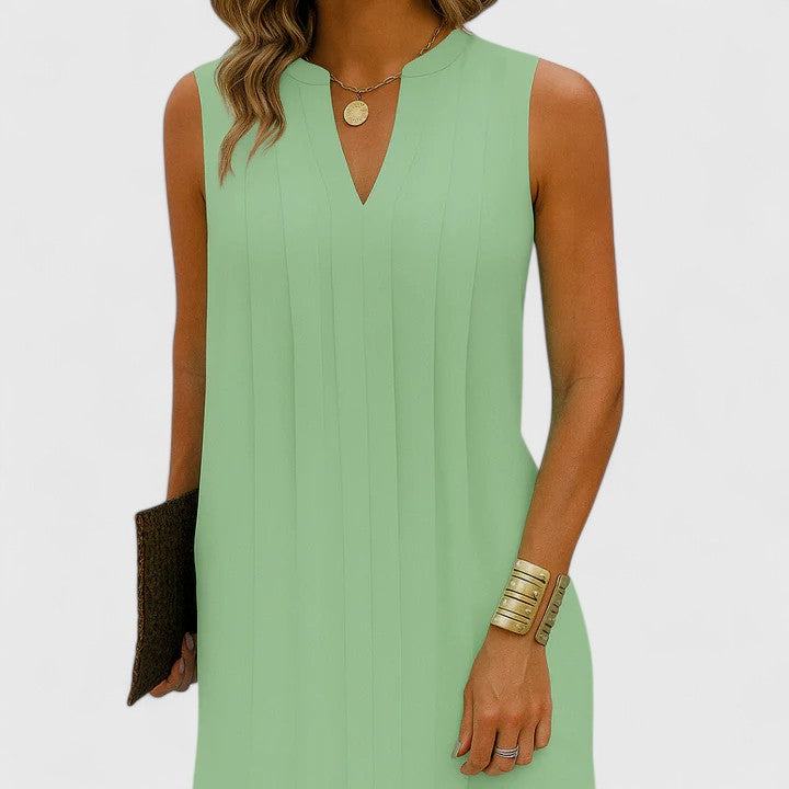 Mahala | Pleated V-Neck Sleeveless Shift Mini Dress