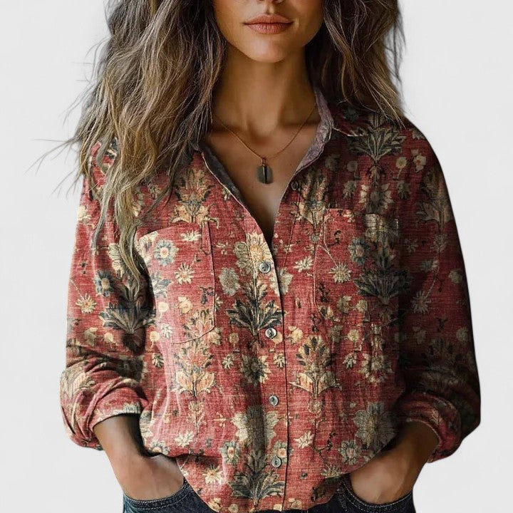 Felipa | Red Floral Button-Up Blouse Long Sleeve
