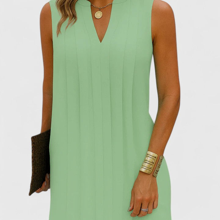 Mahala | Pleated V-Neck Sleeveless Shift Mini Dress
