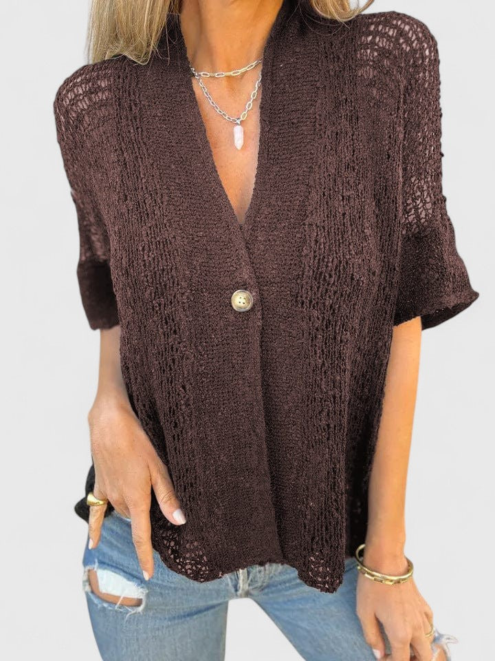 Frankie | Open Knit Button-Up Blouse V-Neck